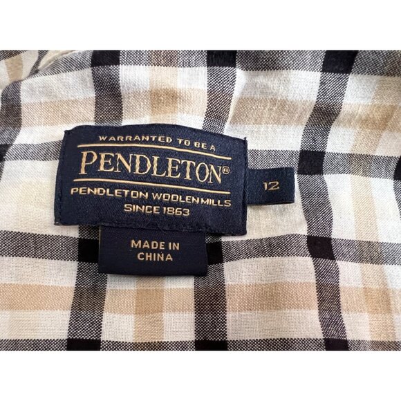 Pendleton Plaid Mini Dress Sz 12 (M/L) Womens Navy Blue Tan Short Sleeve Button - Picture 5 of 16